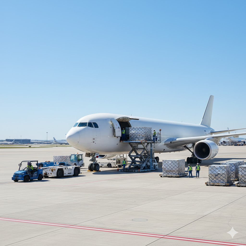 Air cargo loading at international airport, professional logistics operations